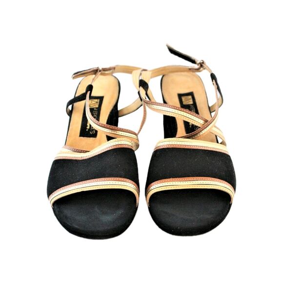 Aerosoles Signature Sandals Wedge Black Suede W Gold Cross Strap Size 9 - Picture 4 of 11